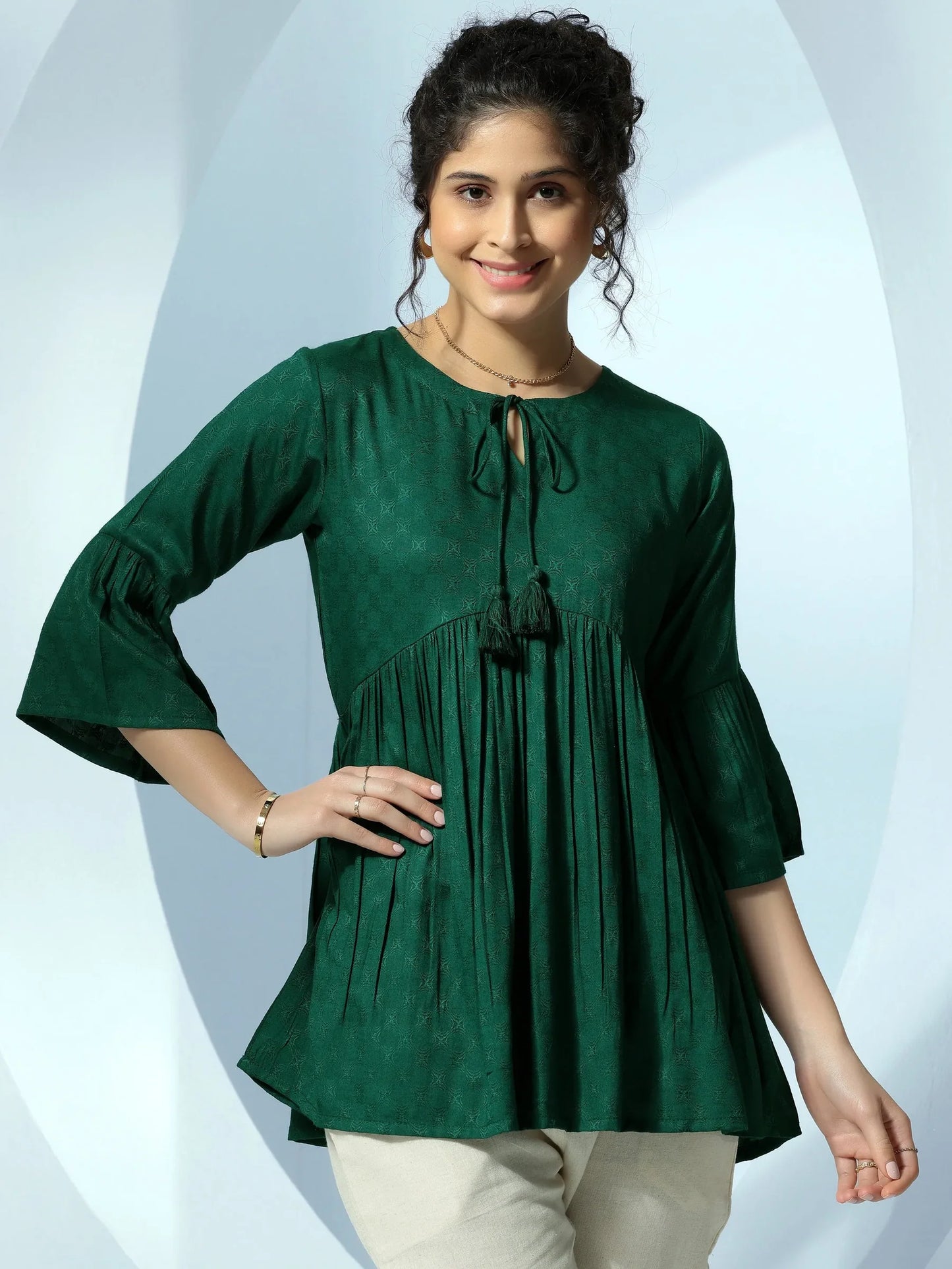 BHAYLI'S WOVEN DESIGN GREEN RAYON A-LINE KURTI
