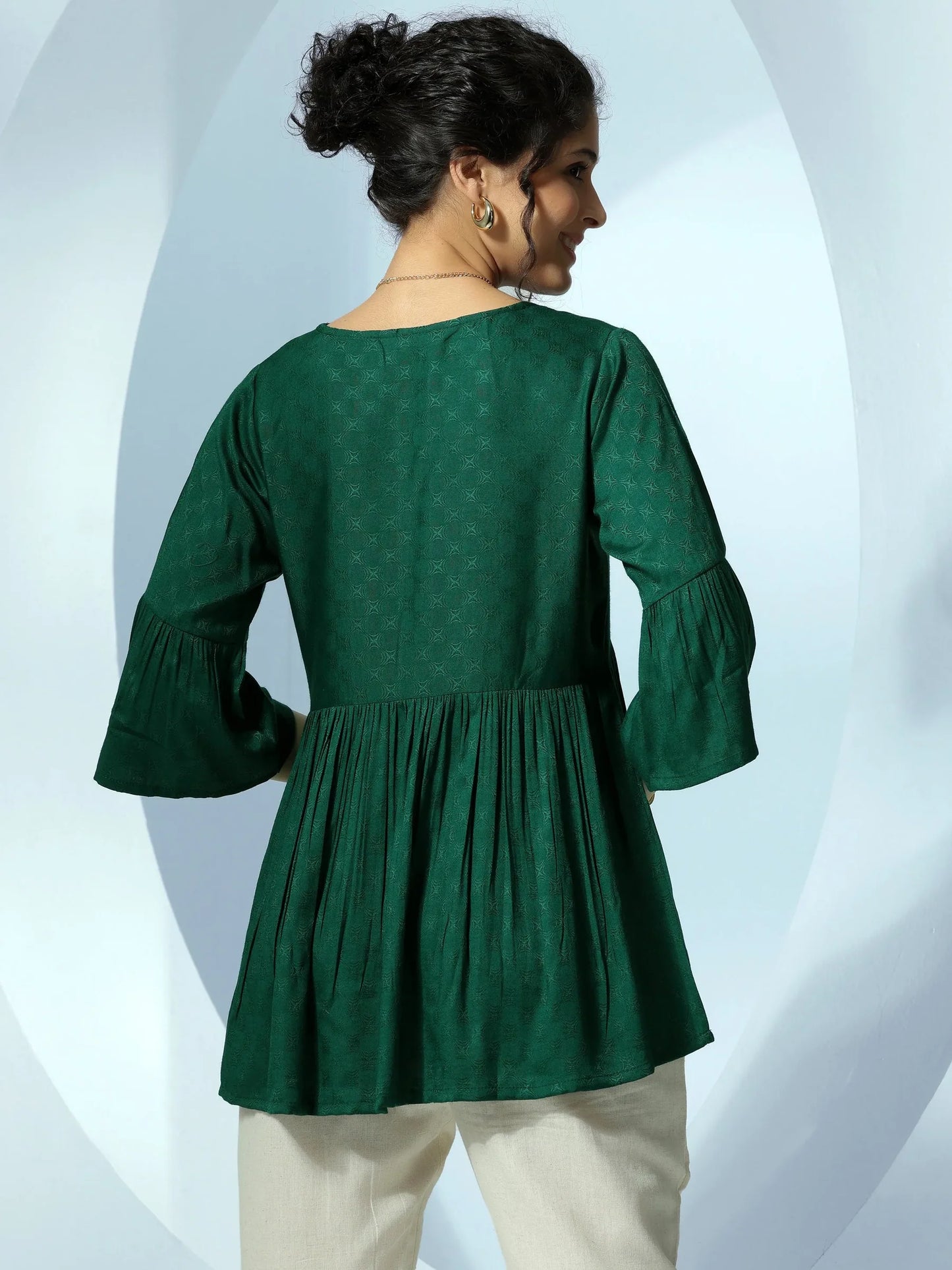 BHAYLI'S WOVEN DESIGN GREEN RAYON A-LINE KURTI