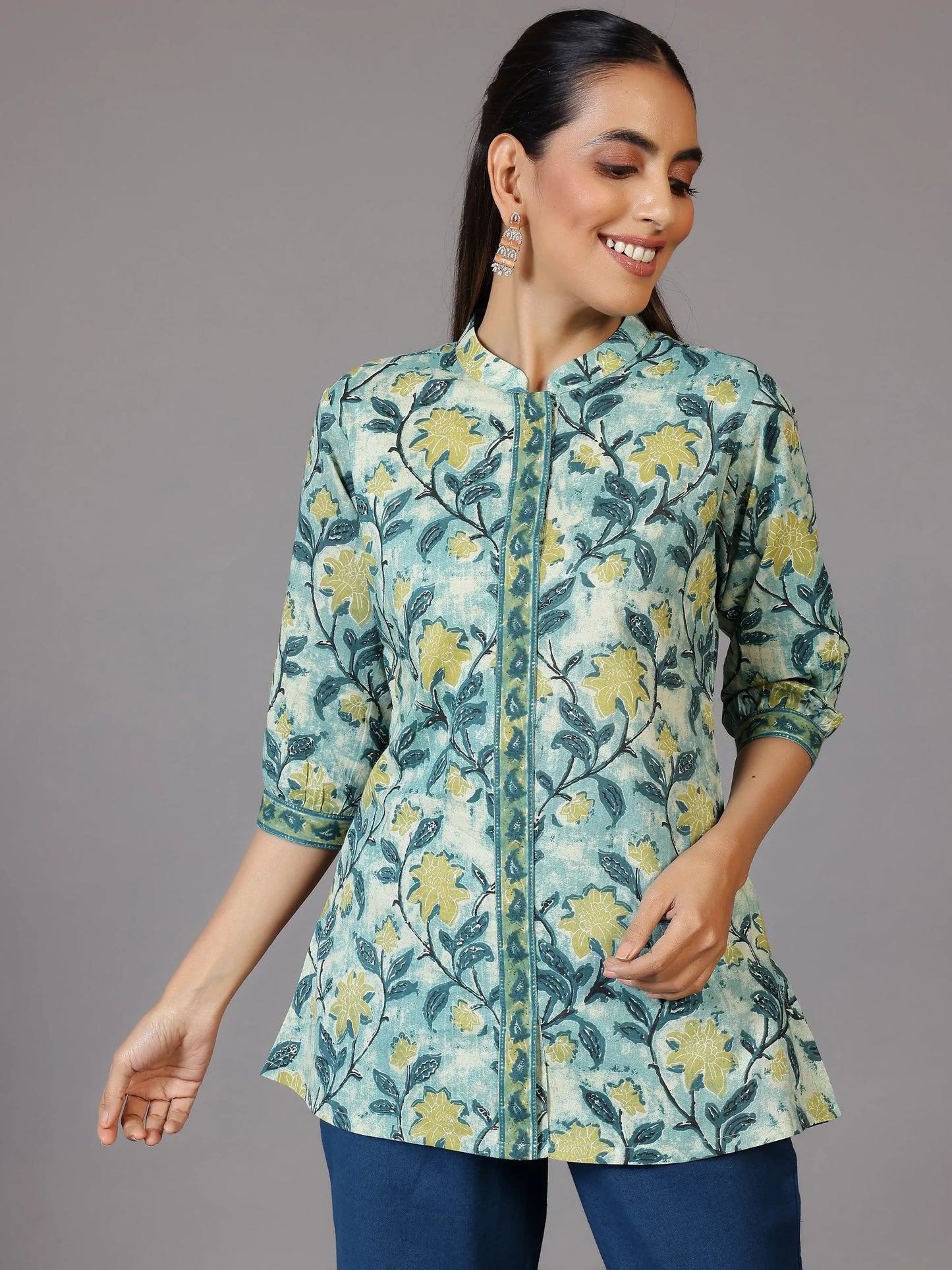 BHAYLI'S FLORAL PRINT GREEN COTTON KURTI