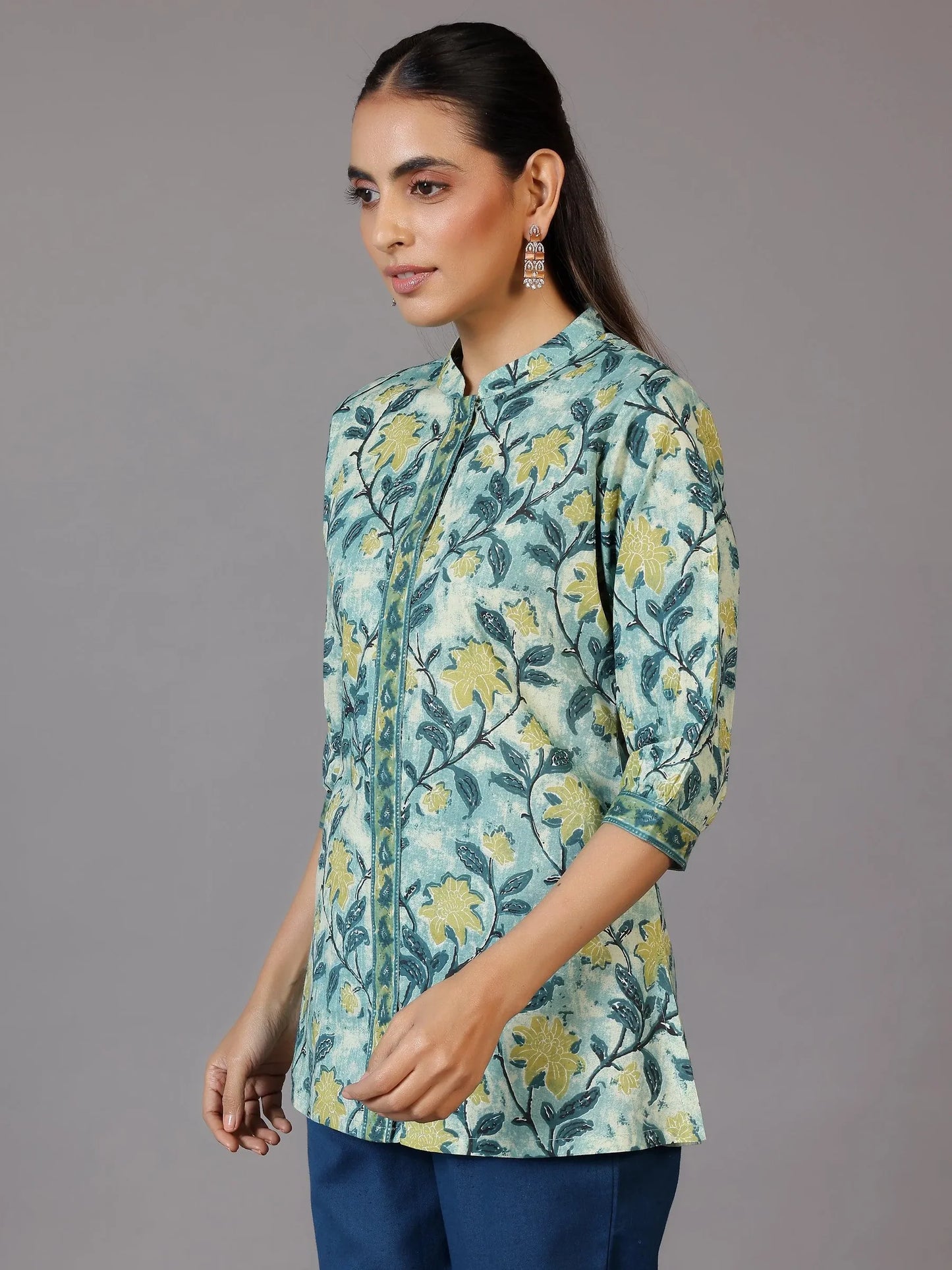 BHAYLI'S FLORAL PRINT GREEN COTTON KURTI