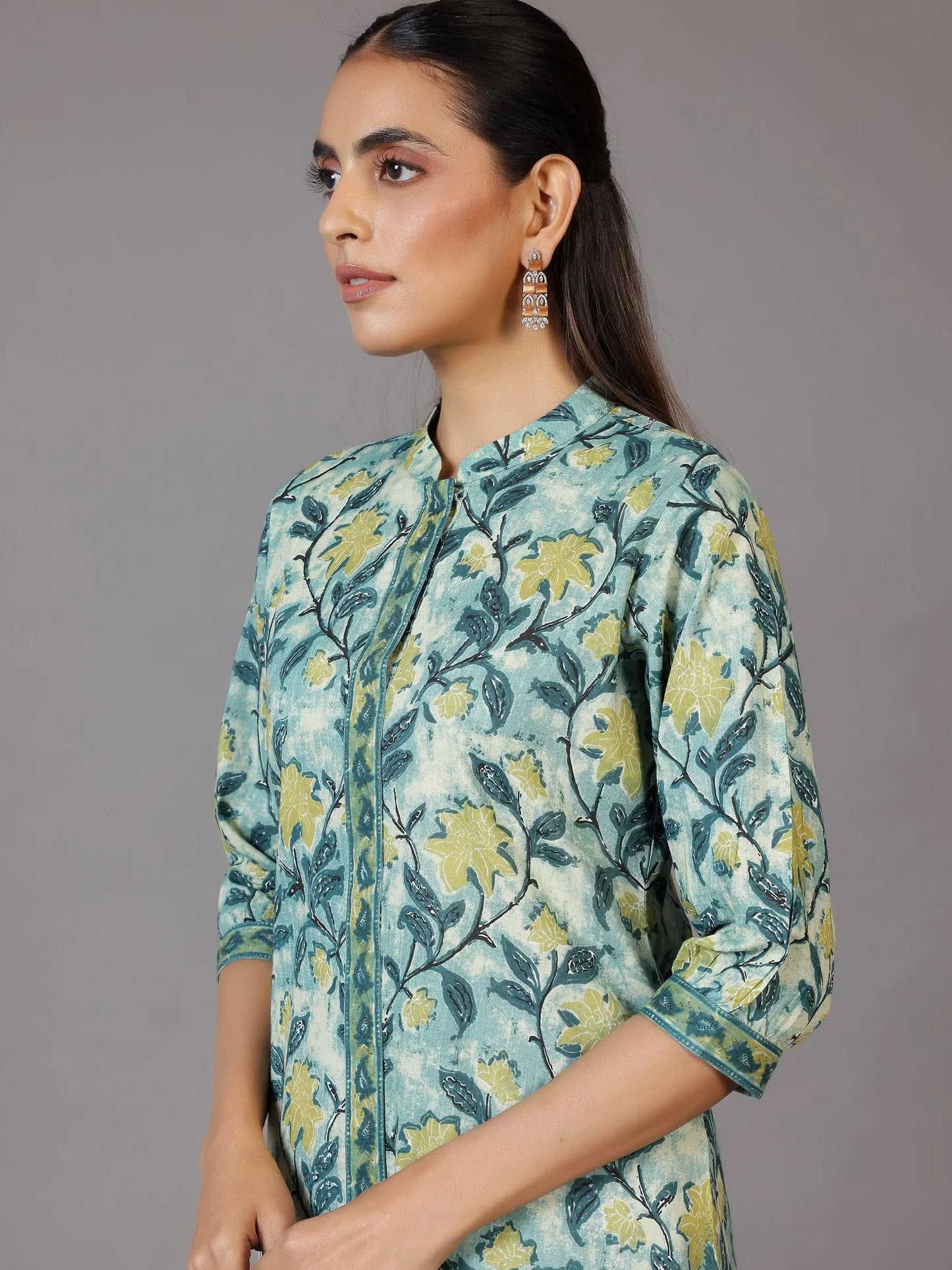 BHAYLI'S FLORAL PRINT GREEN COTTON KURTI