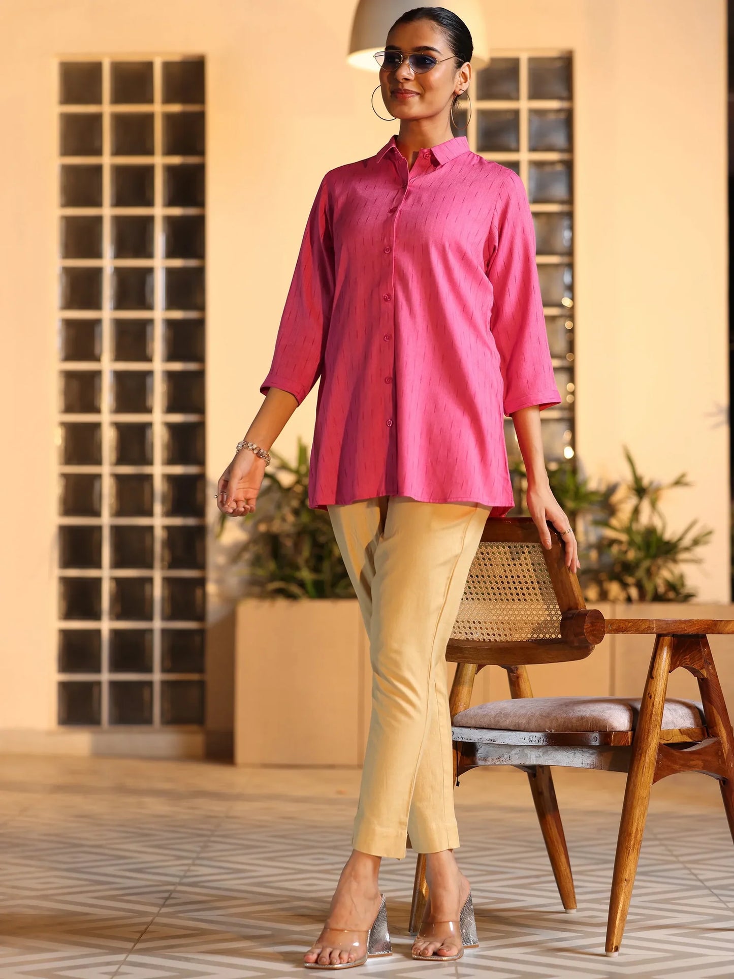 BHAYLI'S SELF DESIGN PINK RAYON TUNIC