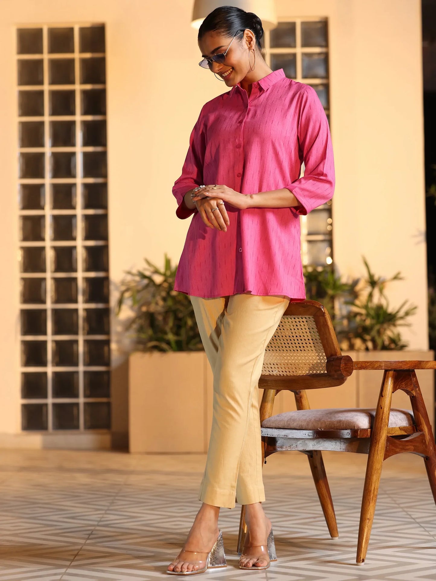 BHAYLI'S SELF DESIGN PINK RAYON TUNIC