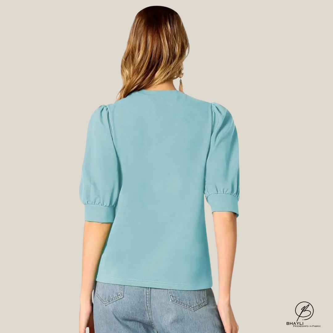 BHAYLI'S ELEGANT PUFF SLEEVE POLYESTER BLEND TOP