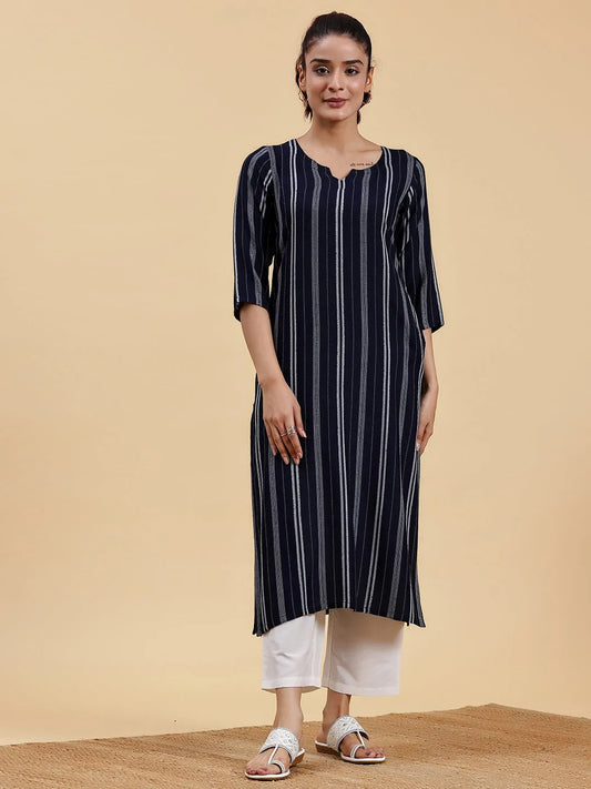 BHAYLI'S STRIPED NAVY BLUE RAYON KURTA