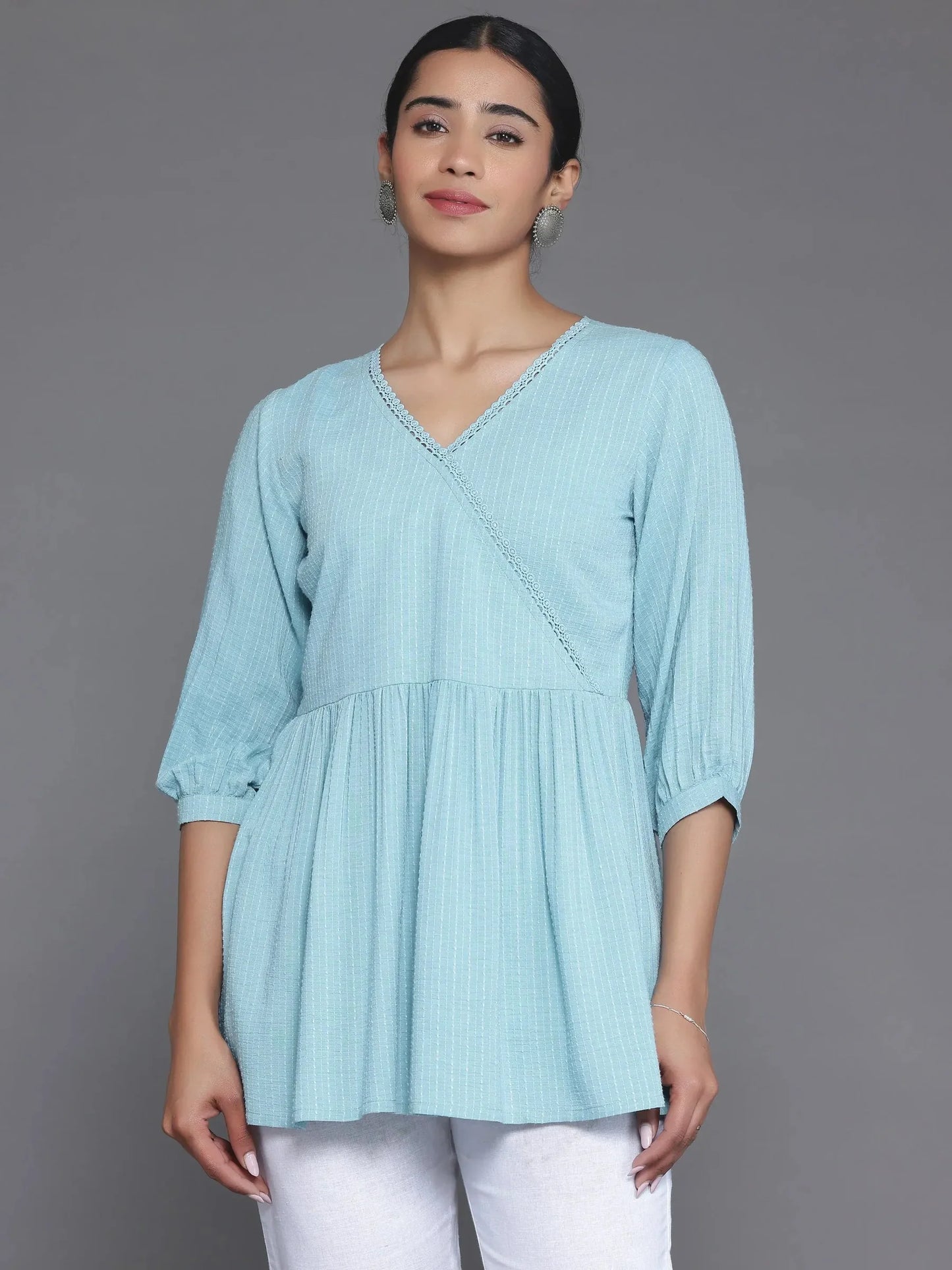 BHAYLI'S LACE DETAIL BLUE A-LINE COTTON KURTI