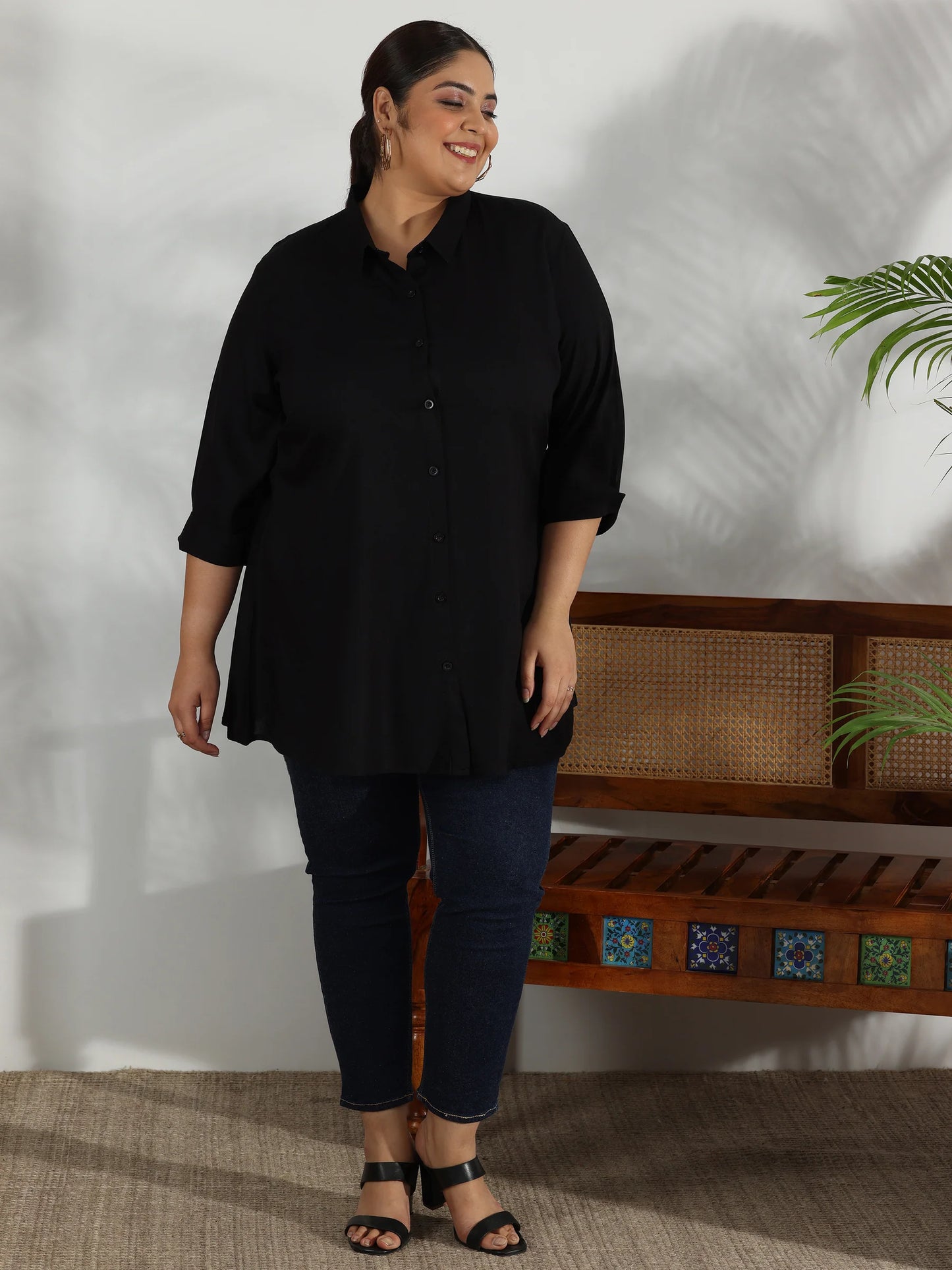 BHAYLI'S PLUS SIZE BLACK SOLID RAYON A-LINE KURTI
