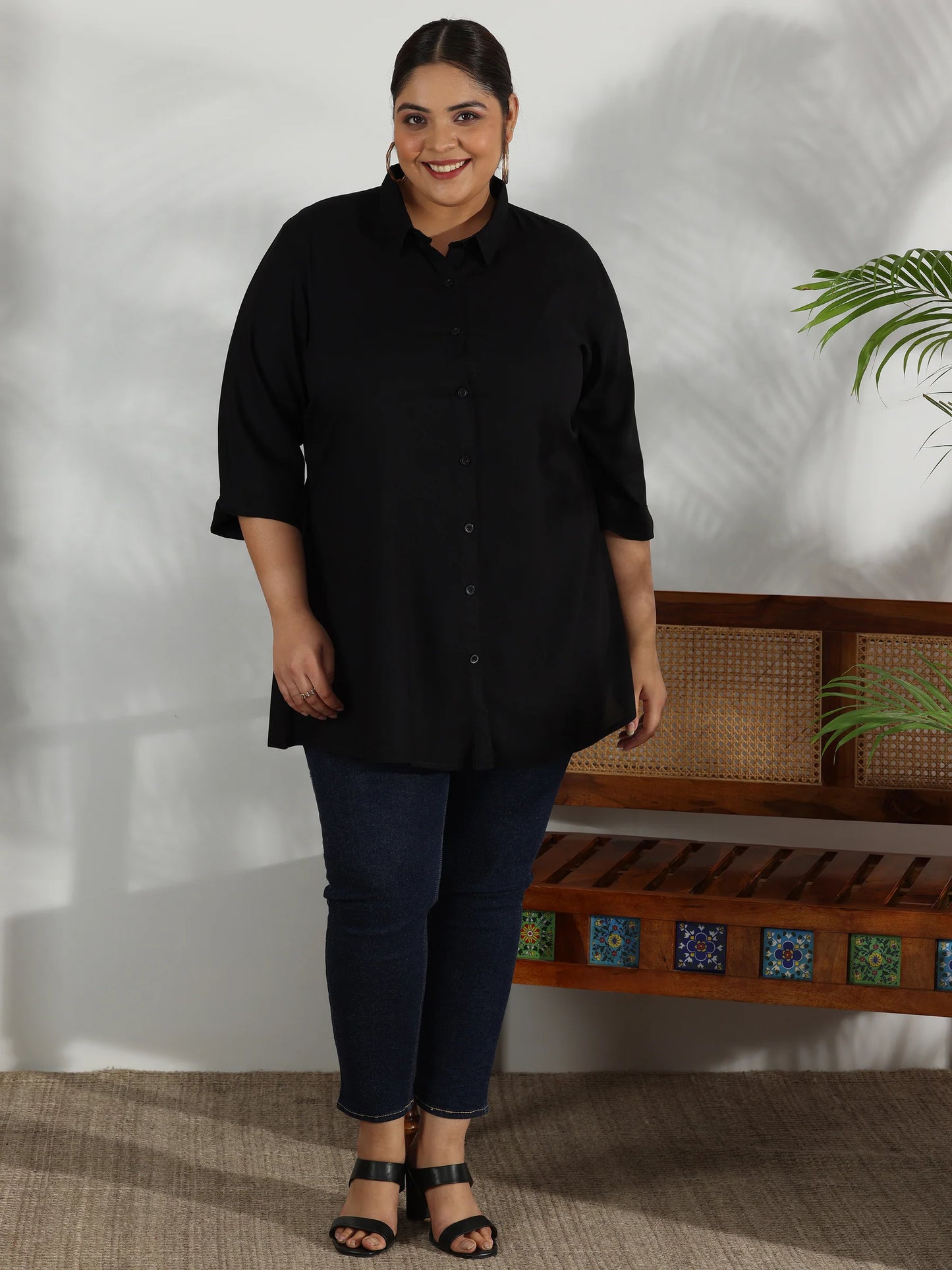 BHAYLI'S PLUS SIZE BLACK SOLID RAYON A-LINE KURTI
