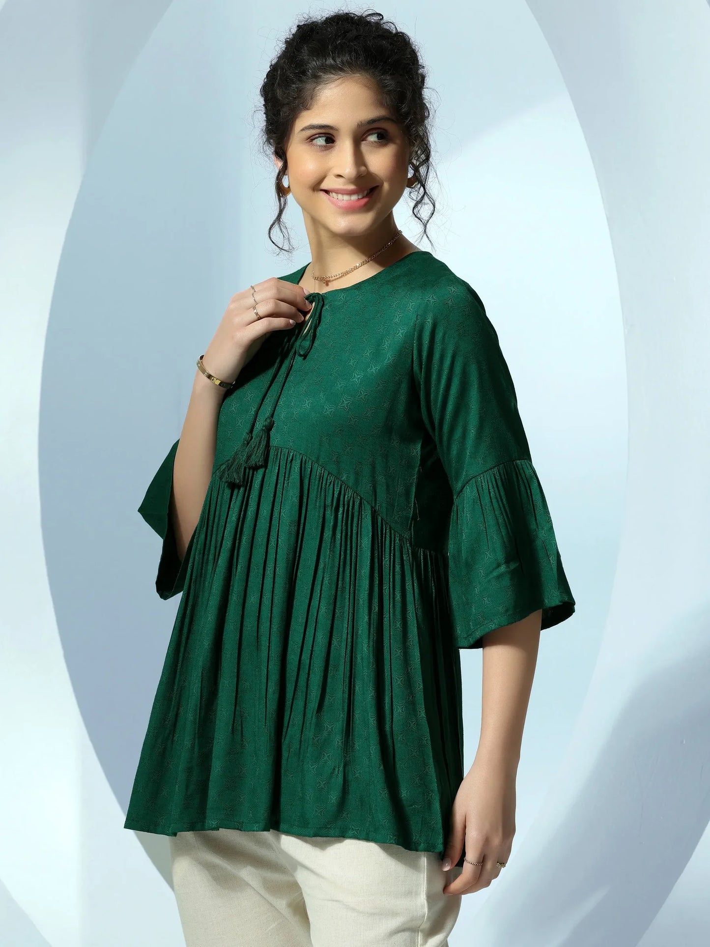 BHAYLI'S WOVEN DESIGN GREEN RAYON A-LINE KURTI