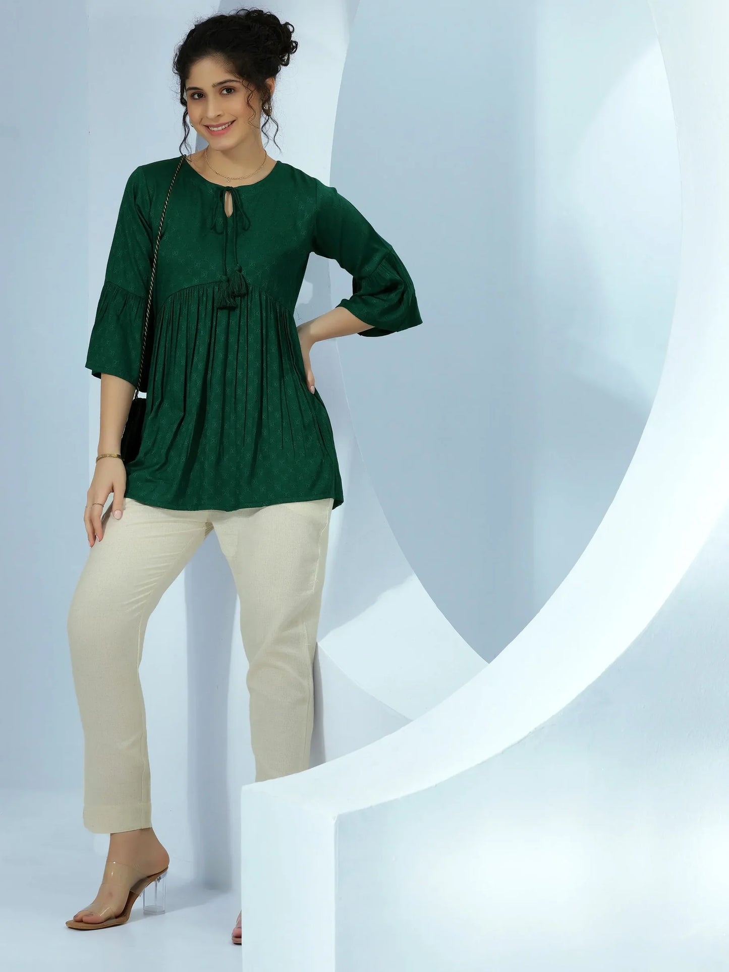BHAYLI'S WOVEN DESIGN GREEN RAYON A-LINE KURTI