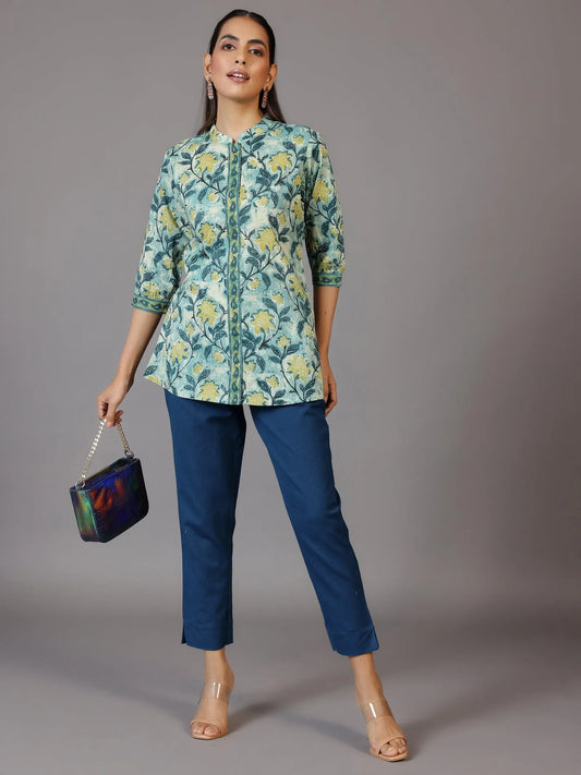BHAYLI'S FLORAL PRINT GREEN COTTON KURTI