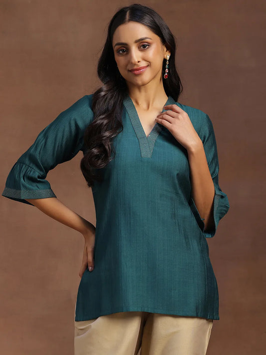 BHAYLI'S THREAD WORK GREEN SILK BLEND STRAIGHT-FIT KURTI