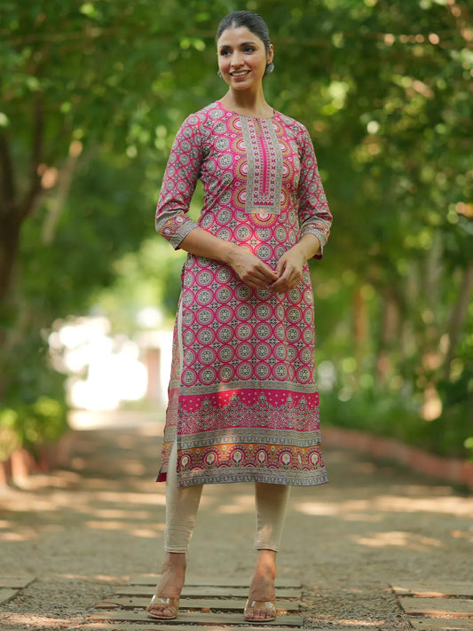 BHAYLI'S PRINTED PINK STRAIGHT-FIT CREPE KURTA