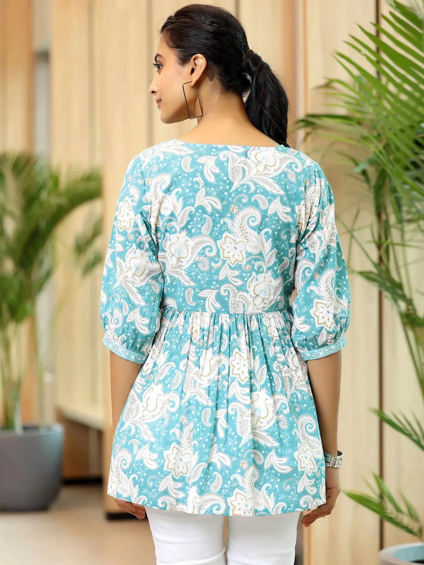 BHAYLI'S FLORAL PRINT BLUE COTTON ANARKALI KURTI