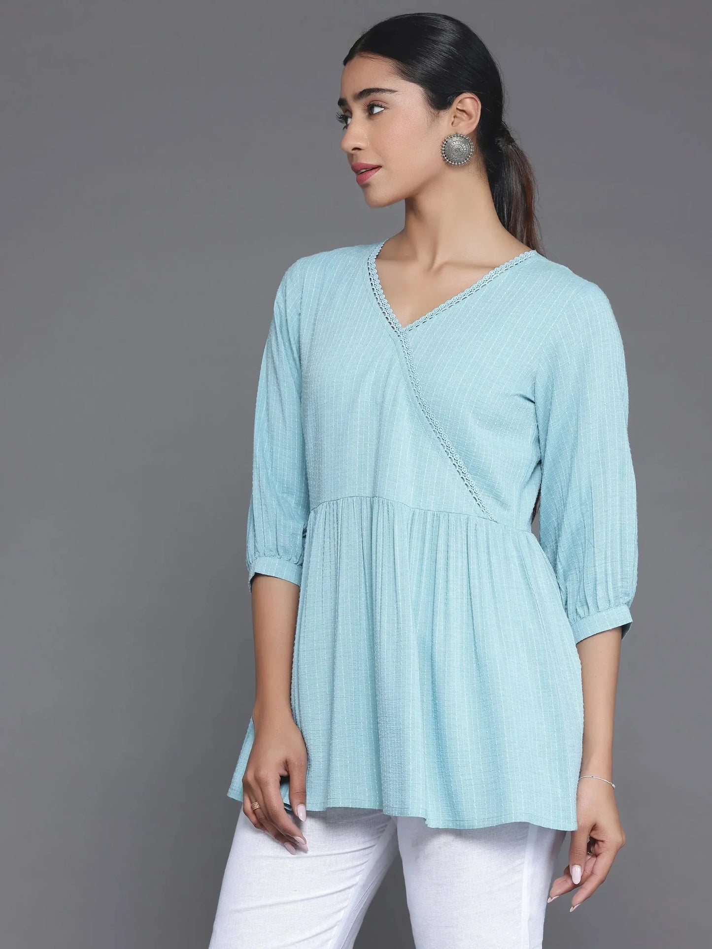 BHAYLI'S LACE DETAIL BLUE A-LINE COTTON KURTI