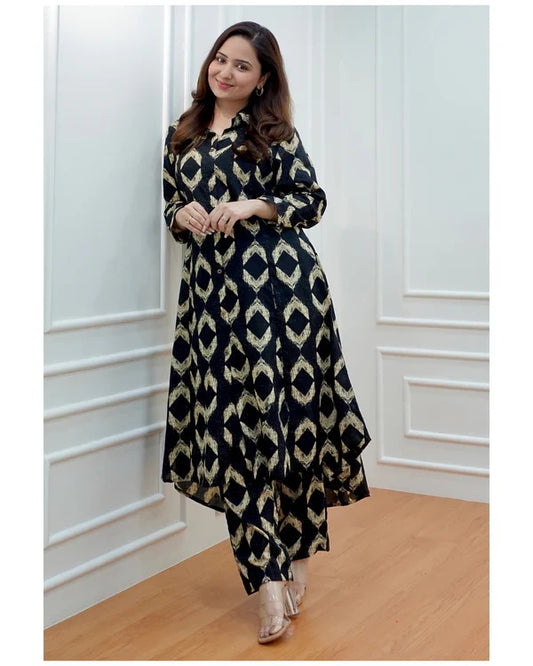 BHAYLI'S STYLISH BLACK PRINTED RAYON KURTA WITH PALAZZO SET