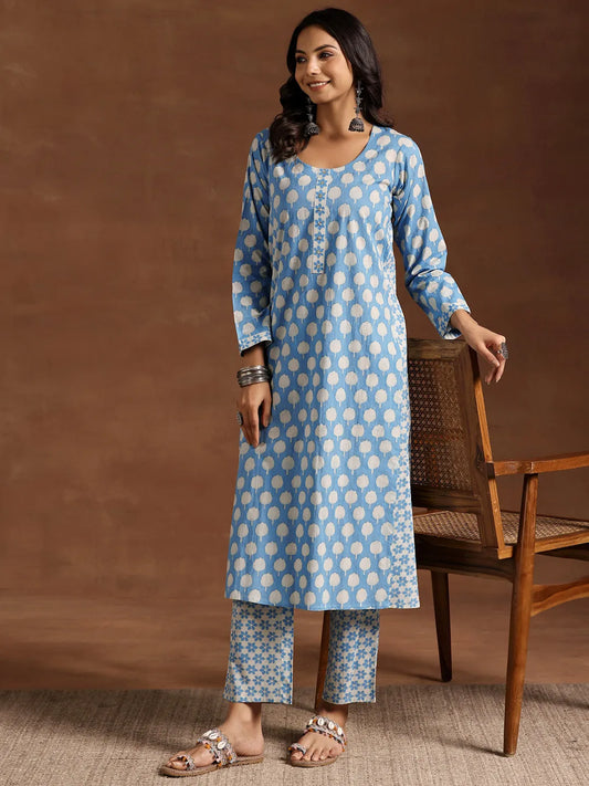 BHAYLI'S FLORAL PRINT BLUE COTTON KURTA SET