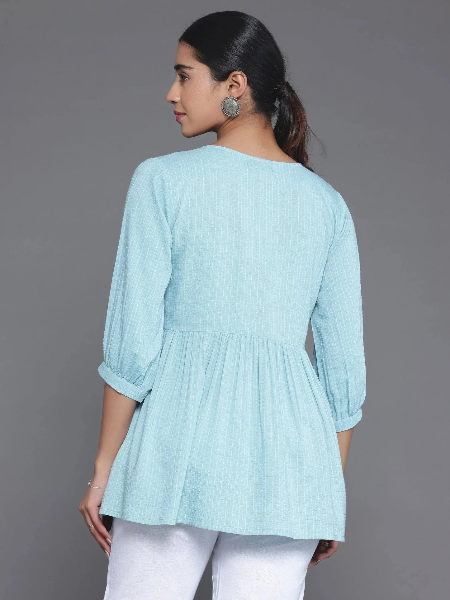 BHAYLI'S LACE DETAIL BLUE A-LINE COTTON KURTI