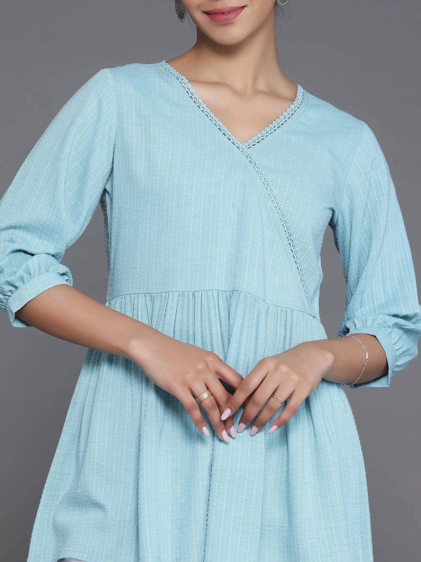 BHAYLI'S LACE DETAIL BLUE A-LINE COTTON KURTI