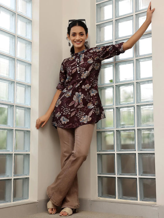 BHAYLI'S FLORAL PRINT WINE SILK BLEND STRAIGHT KURTI