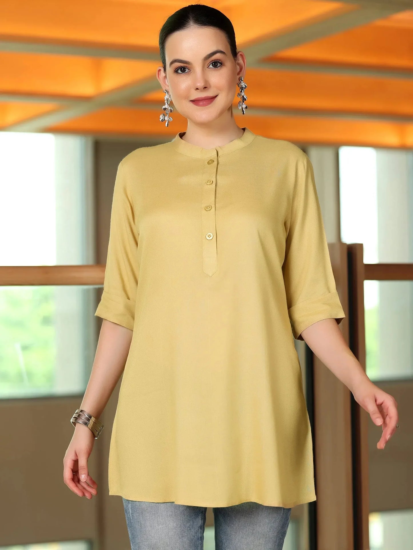 BHAYLI'S SOLID BEIGE RAYON STRAIGHT TUNIC