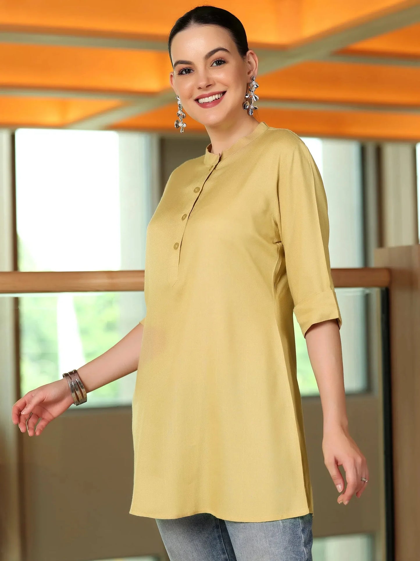 BHAYLI'S SOLID BEIGE RAYON STRAIGHT TUNIC