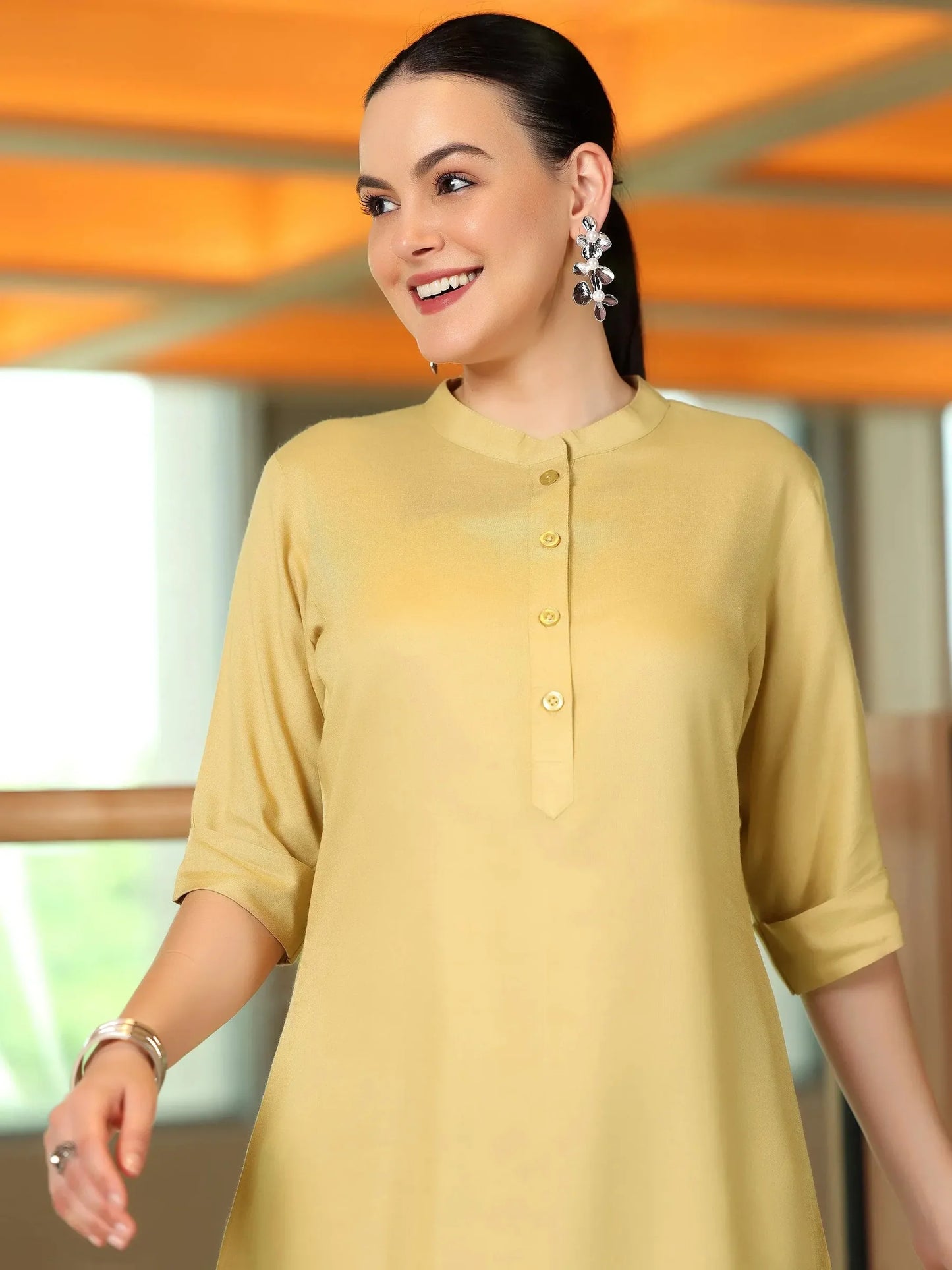 BHAYLI'S SOLID BEIGE RAYON STRAIGHT TUNIC
