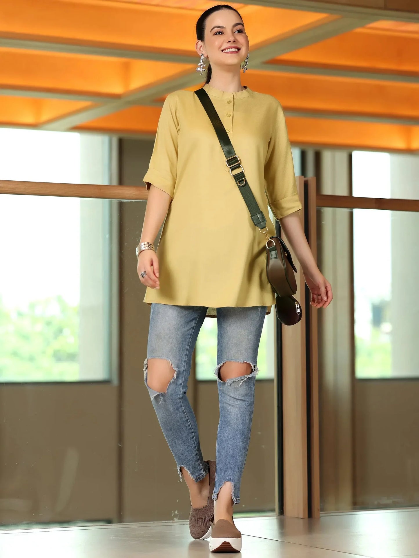 BHAYLI'S SOLID BEIGE RAYON STRAIGHT TUNIC