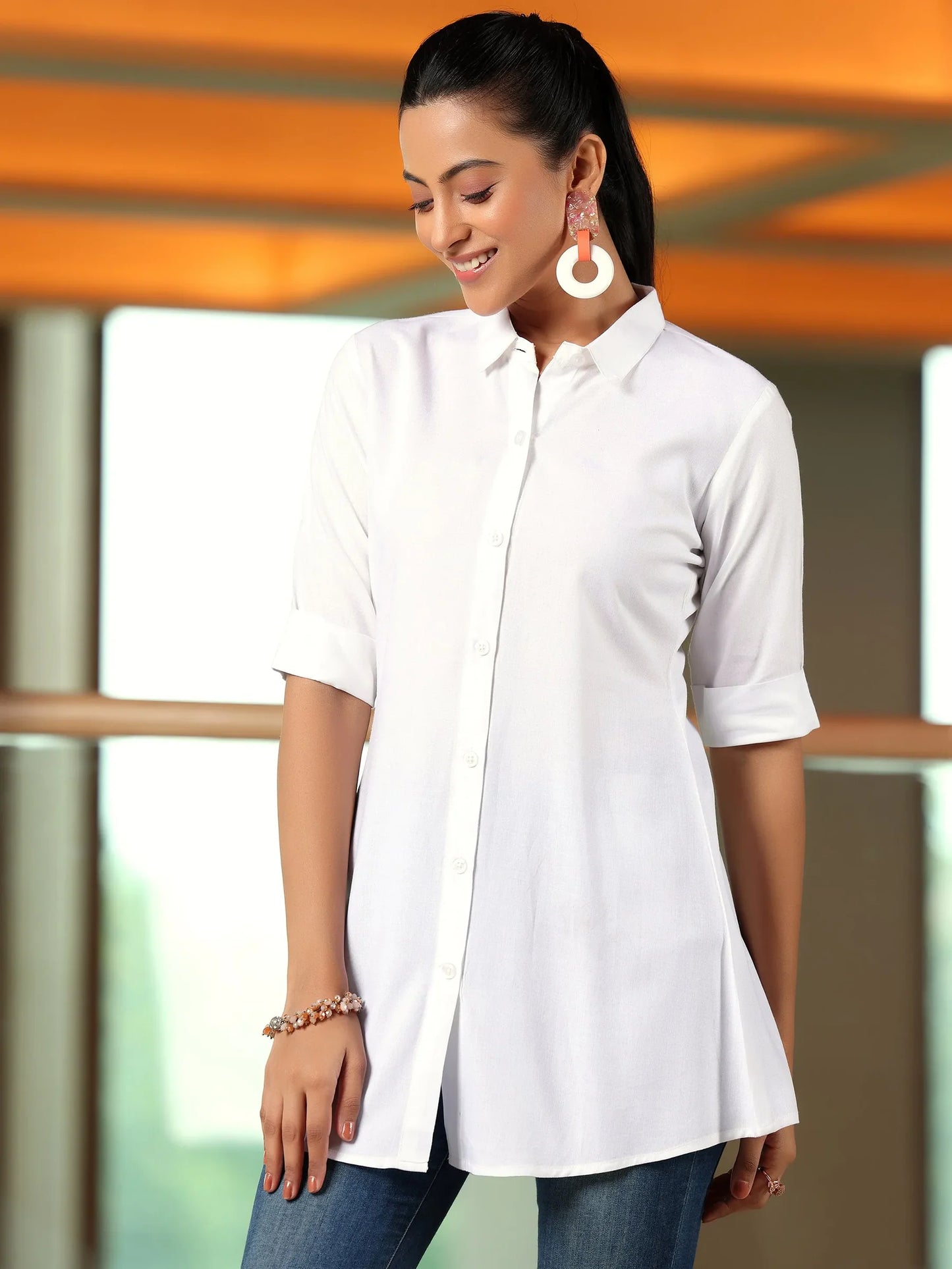 BHAYLI'S SOLID OFF-WHITE RAYON A-LINE KURTI