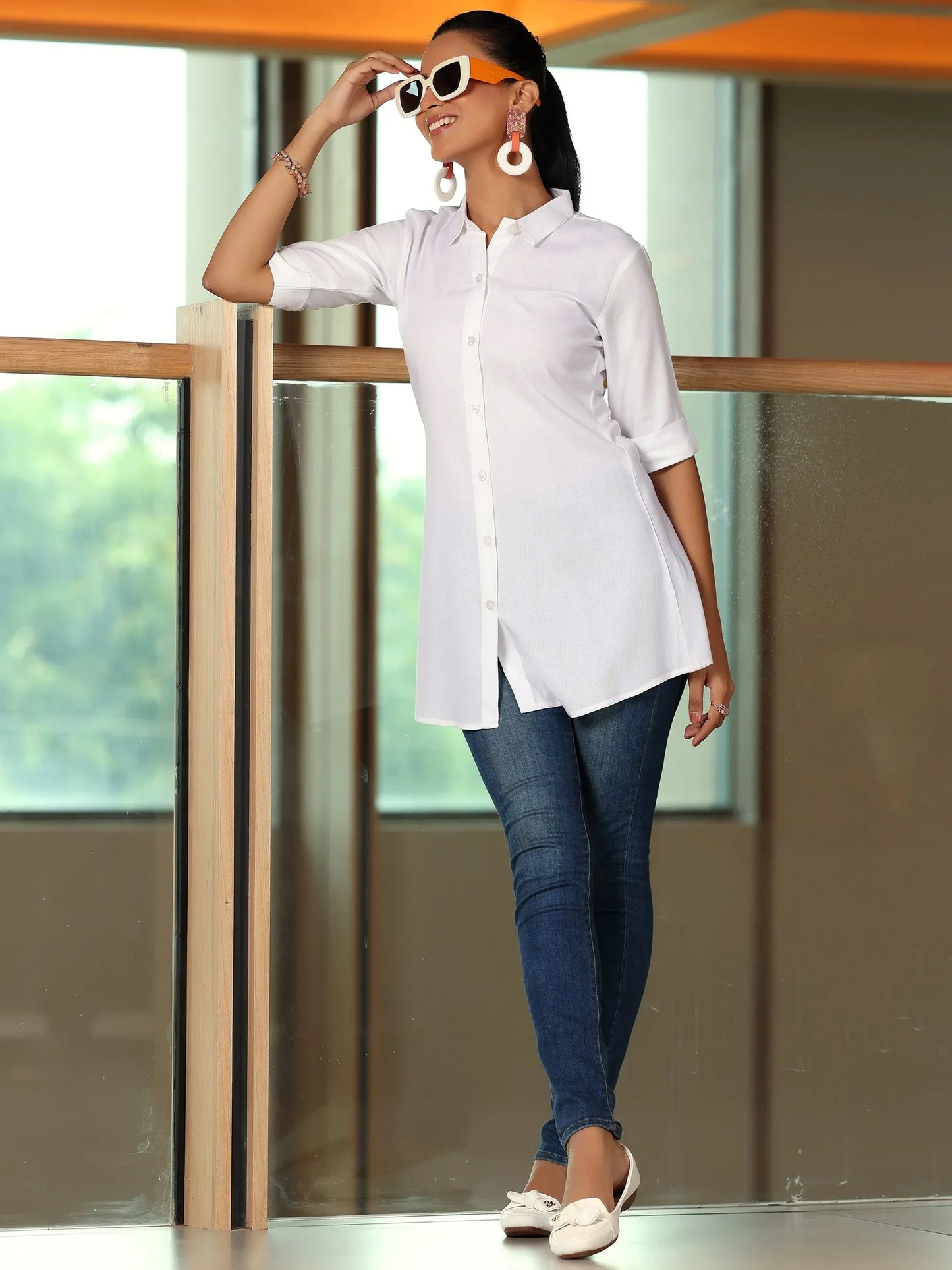 BHAYLI'S SOLID OFF-WHITE RAYON A-LINE KURTI