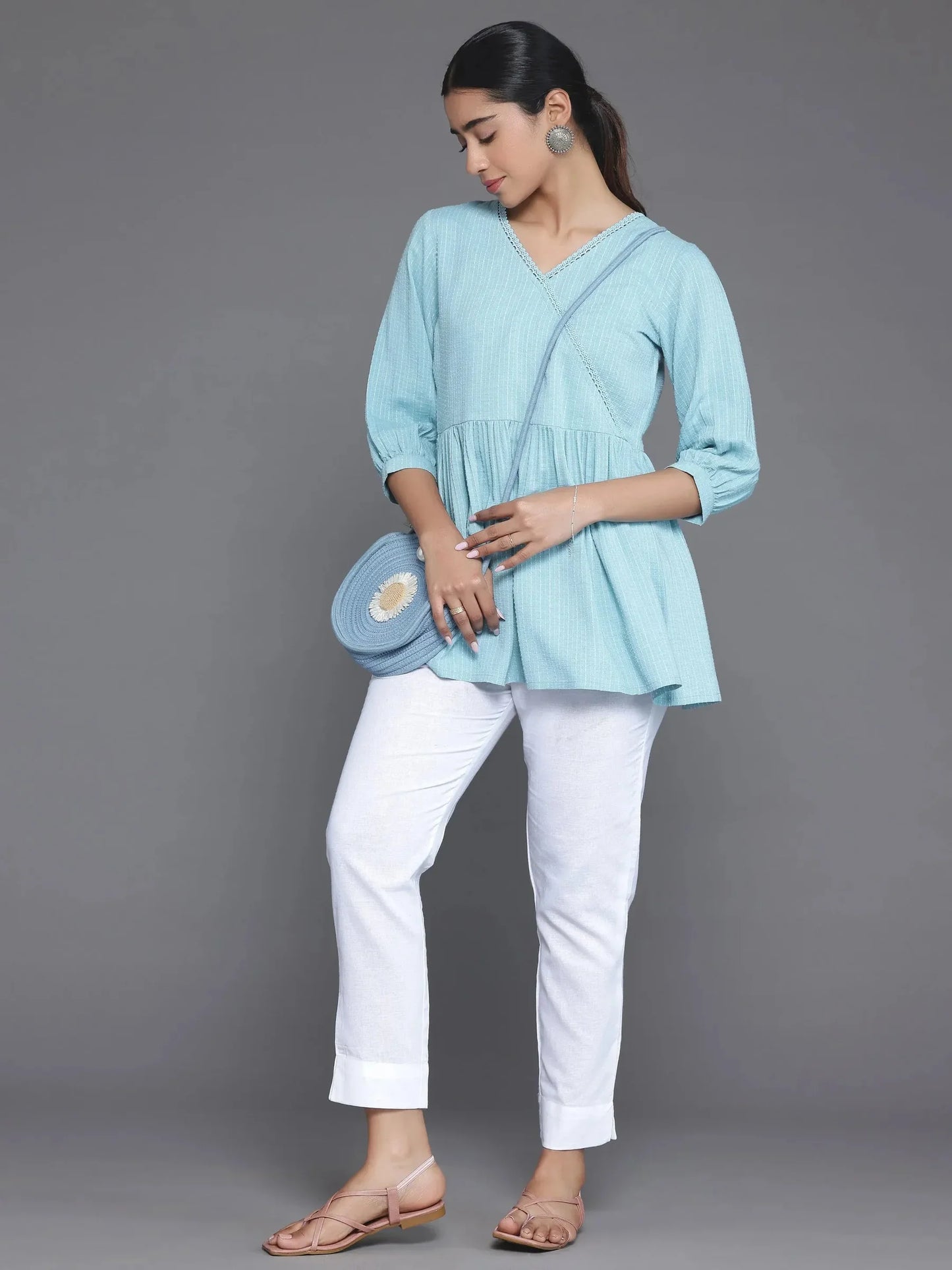 BHAYLI'S LACE DETAIL BLUE A-LINE COTTON KURTI