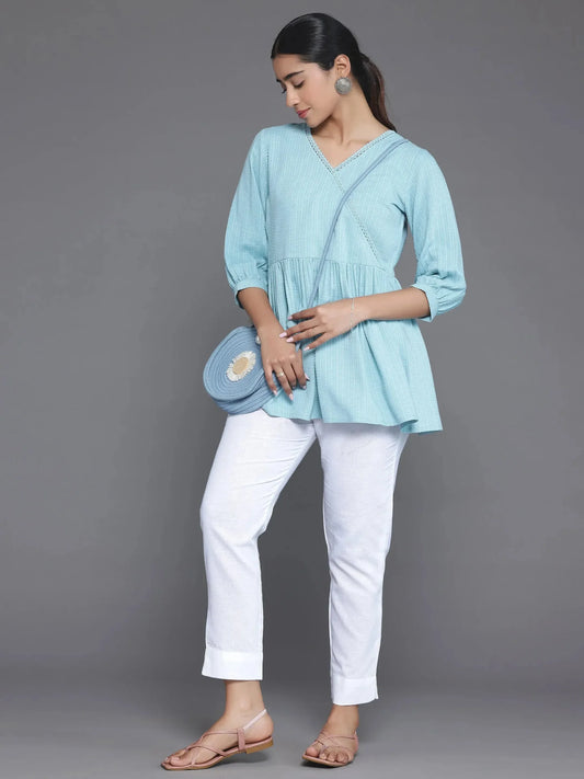 BHAYLI'S LACE DETAIL BLUE A-LINE COTTON KURTI