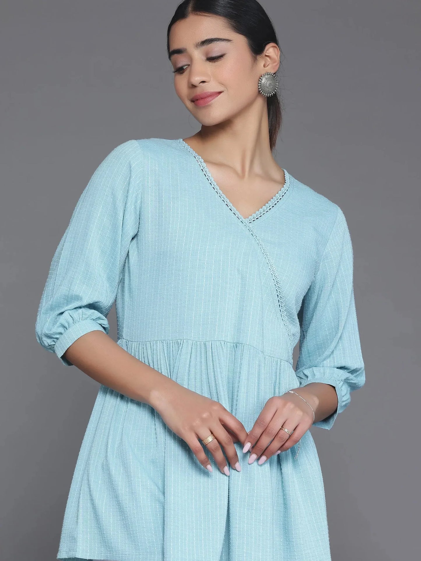 BHAYLI'S LACE DETAIL BLUE A-LINE COTTON KURTI