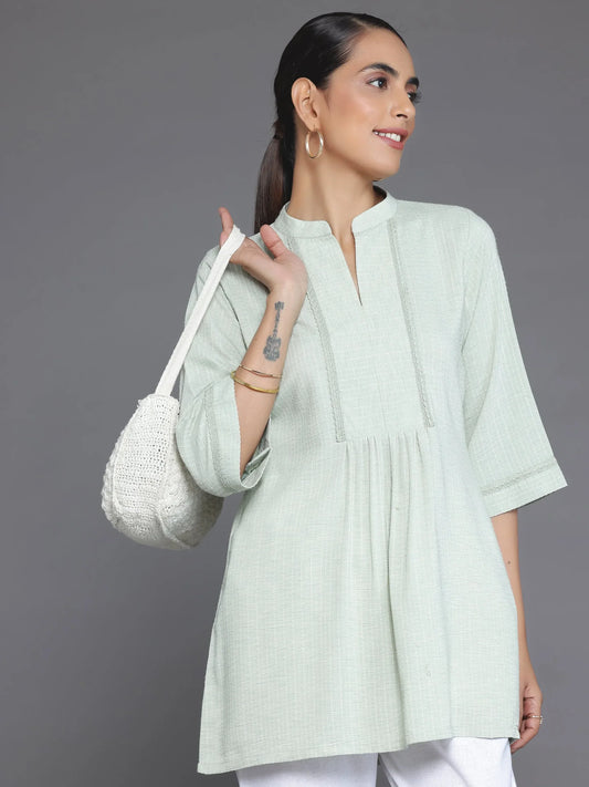 BHAYLI'S LACE DETAIL GREEN COTTON BLEND STRAIGHT KURTI